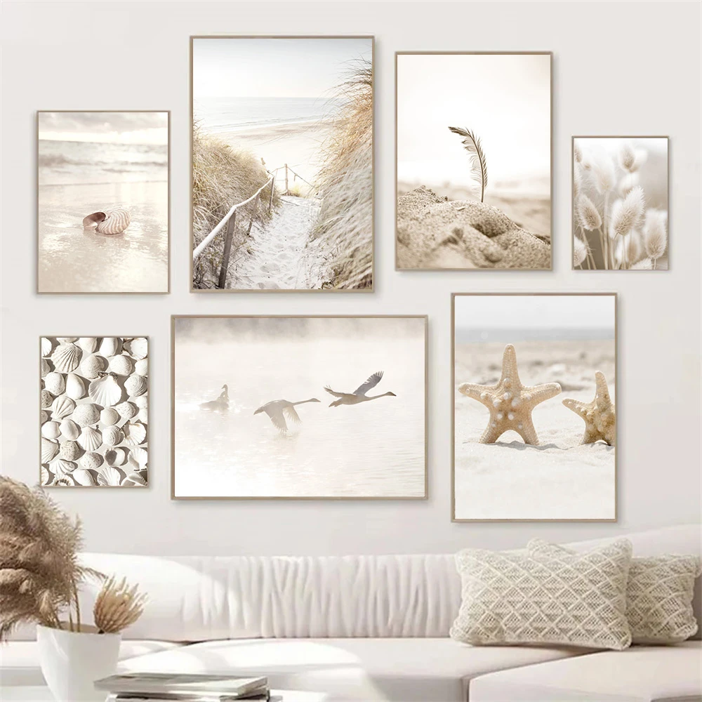 Pampas Grass Decor - Beige landschap poster zeester schelp strand