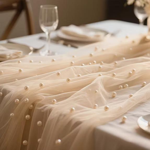 Linen Table Runner - Chiffon tafelloper met parel semi-transparant gaas
