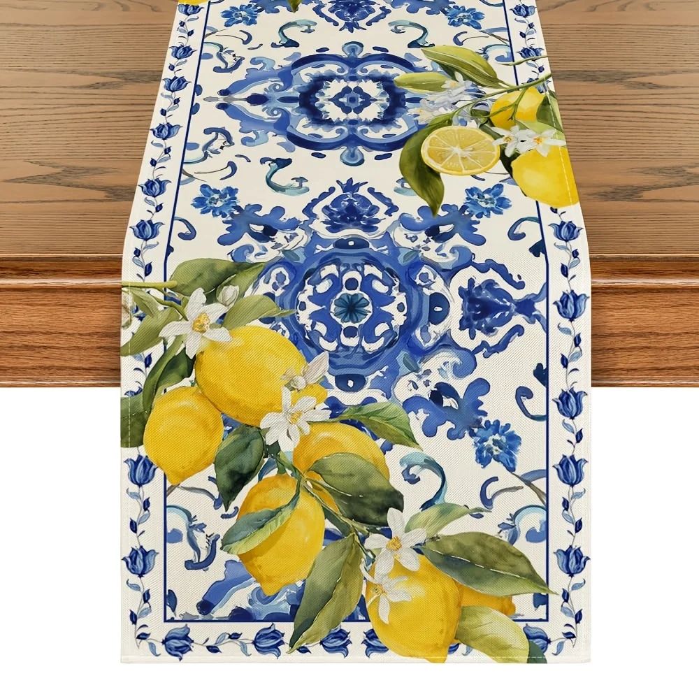 Linen Table Runner - VIKAMA Farmhouse Tafelloper Citroenblauw Wit Porseleinen