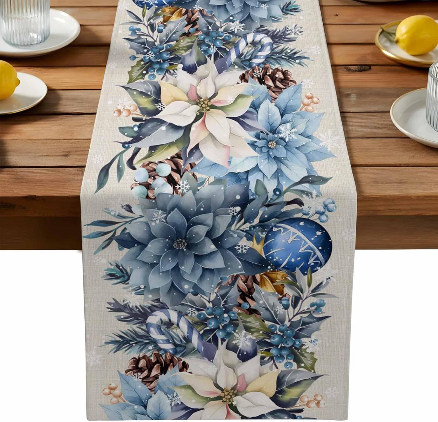 Kerst Blauwe Poinsettia Bal Be - Linen Table Runner recensie en prijs
