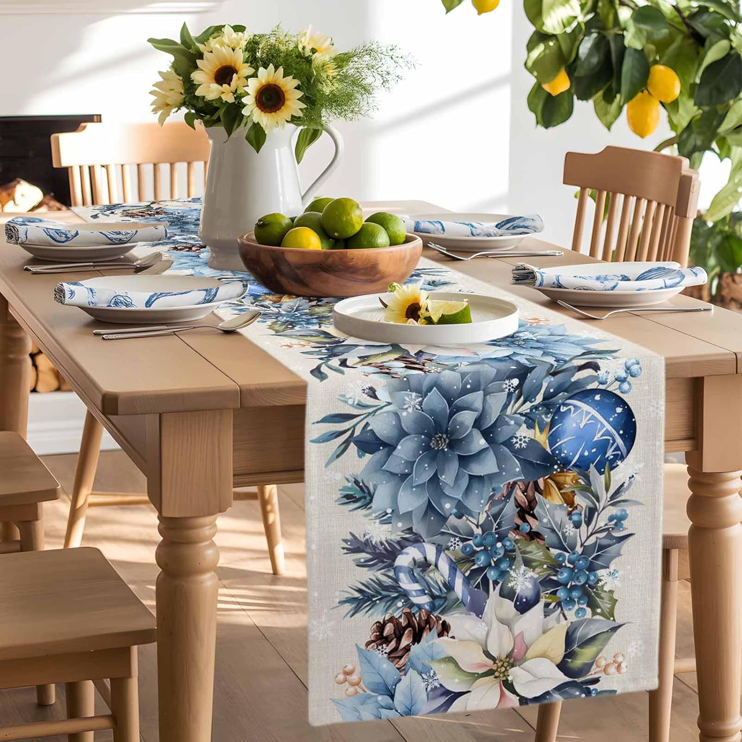 Kerst Blauwe Poinsettia Bal Be - Linen Table Runner recensie en prijs