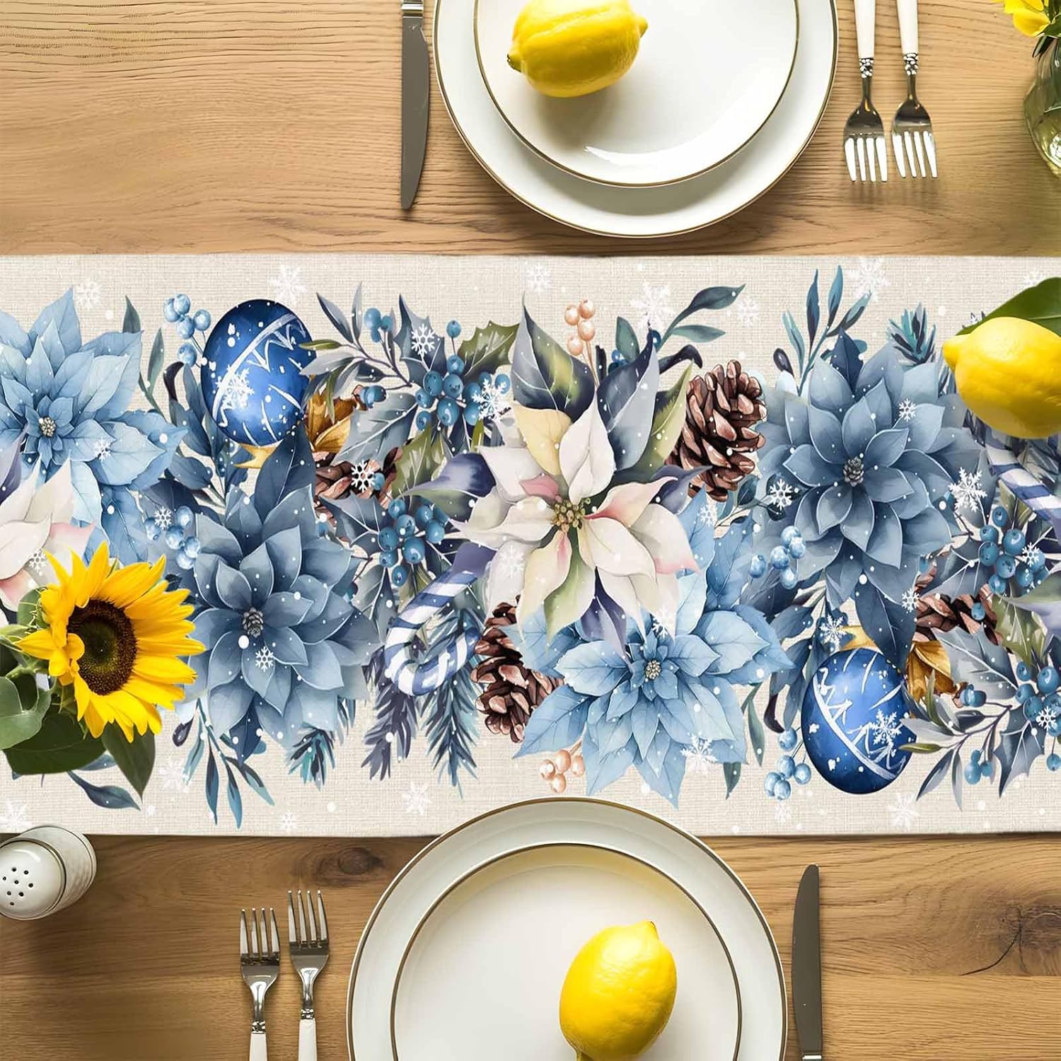 Kerst Blauwe Poinsettia Bal Be - Linen Table Runner recensie en prijs