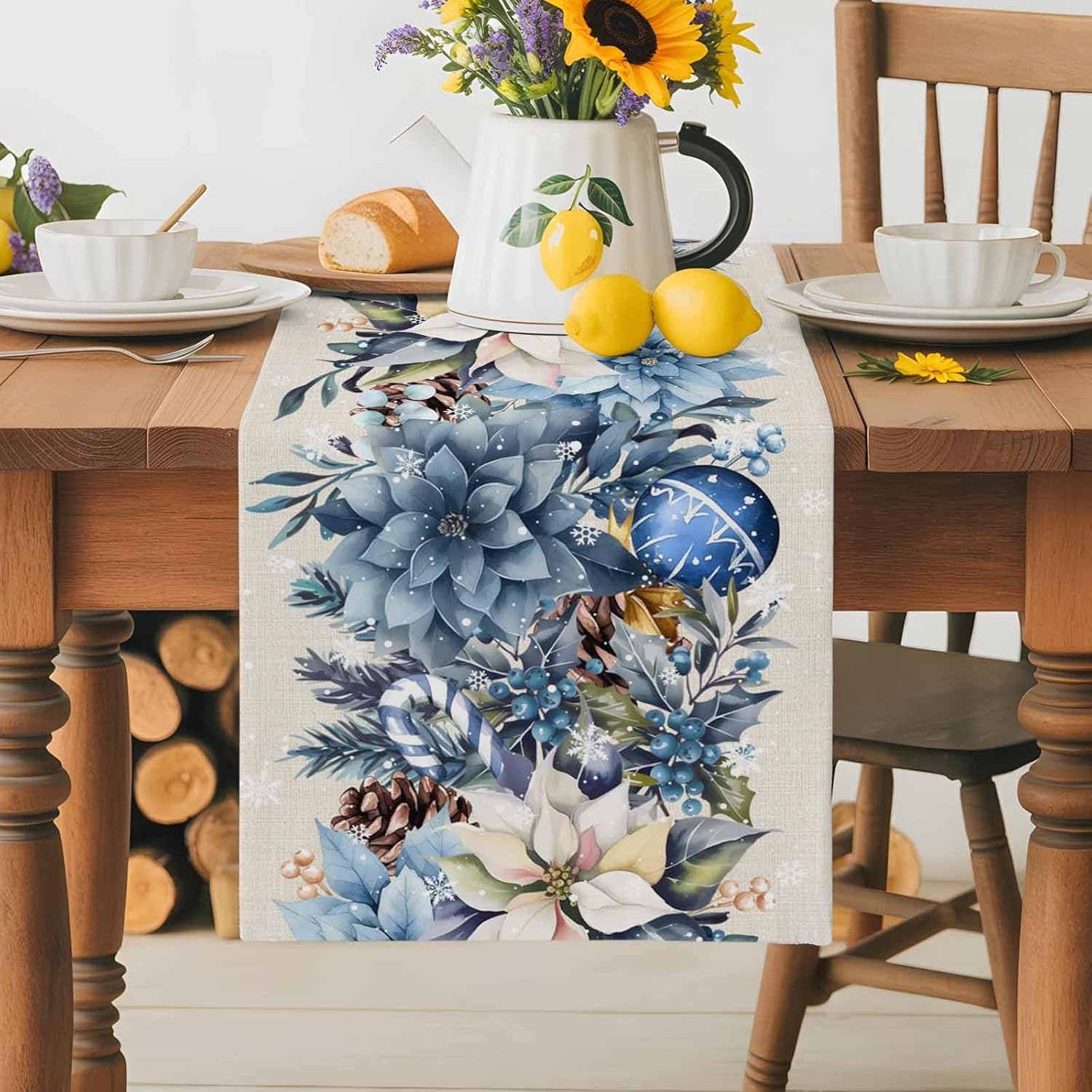 Kerst Blauwe Poinsettia Bal Be - Linen Table Runner recensie en prijs